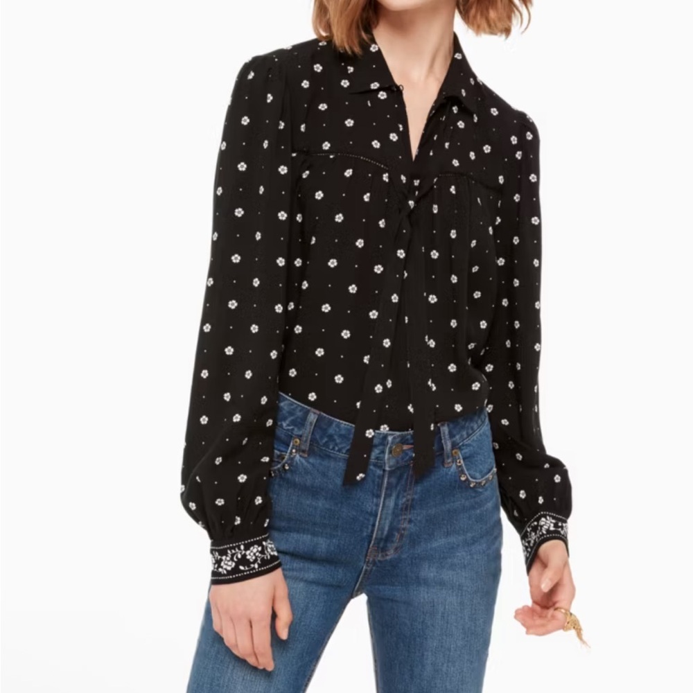 Kate Spade Bandana Top Long Sleeve Peasant Blouse Black White Size Medium